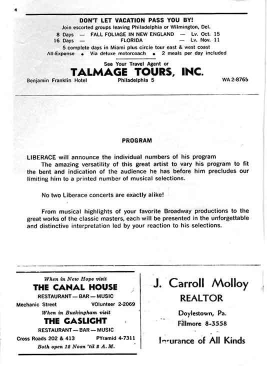 Liberace 1961 playbill, page 4