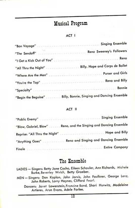 'Anything Goes' 1950 playbill, page12 