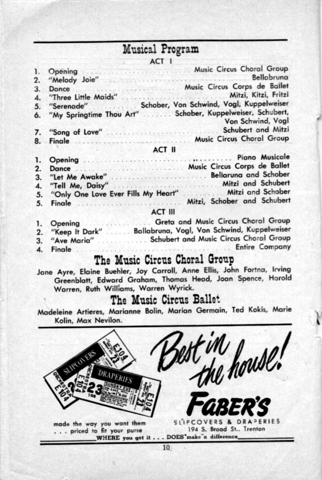 'Blossom Time' 1952 playbill, page 10