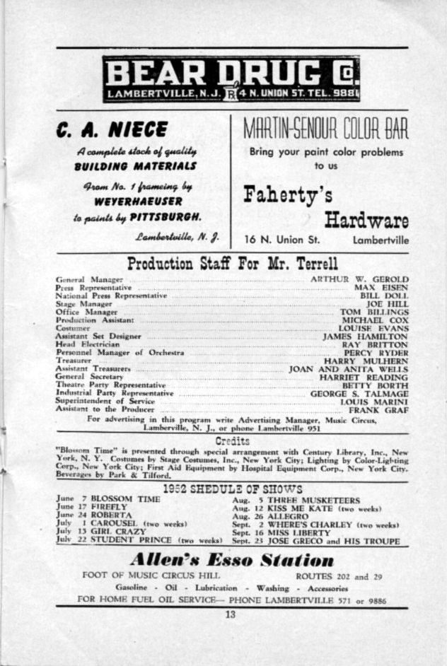 'Blossom Time' 1952 playbill, page 13