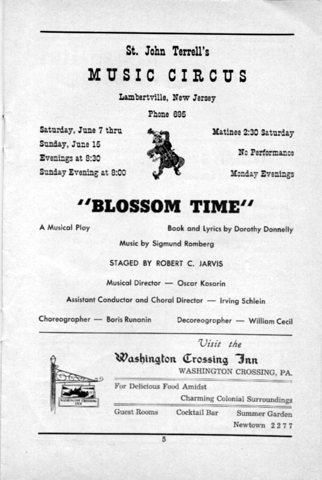 'Blossom Time' 1952 playbill, page 5