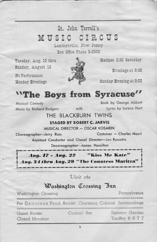 'The Boys from Syracuse' 1954 playbill, page 5