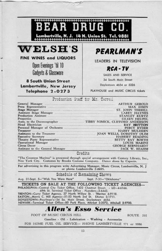 'Countess Maritza' 1954 playbill, page 13