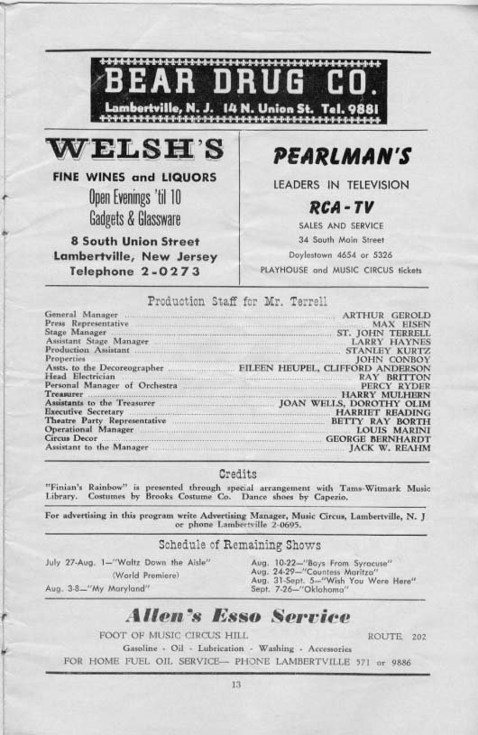 'Finian's Rainbow' 1954 playbill, page 13