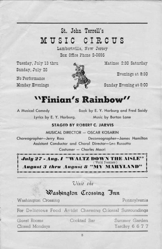 'Finian's Rainbow' 1954 playbill, page 5