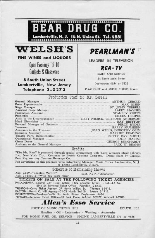 'Kiss Me, Kate' 1954 playbill, page 13