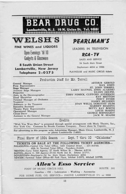 'Wish You Were Here' 1954 playbill, page 13