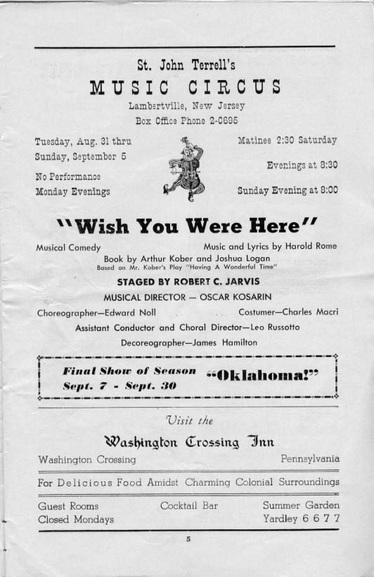 'Wish You Were Here' 1954 playbill, page 5