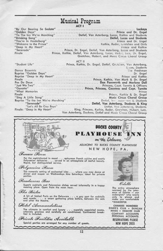 'The Student Prince' 1956 playbill, page12 