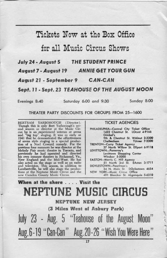 'The Student Prince' 1956 playbill, backcover