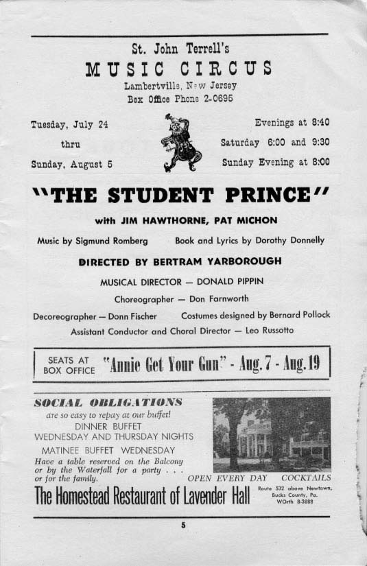 'The Student Prince' 1956 playbill, page 5