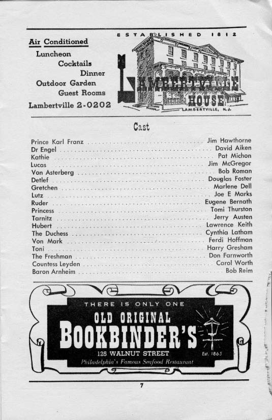 'The Student Prince' 1956 playbill, page 7
