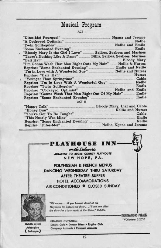 'South Pacific' 1957 playbill, page12 