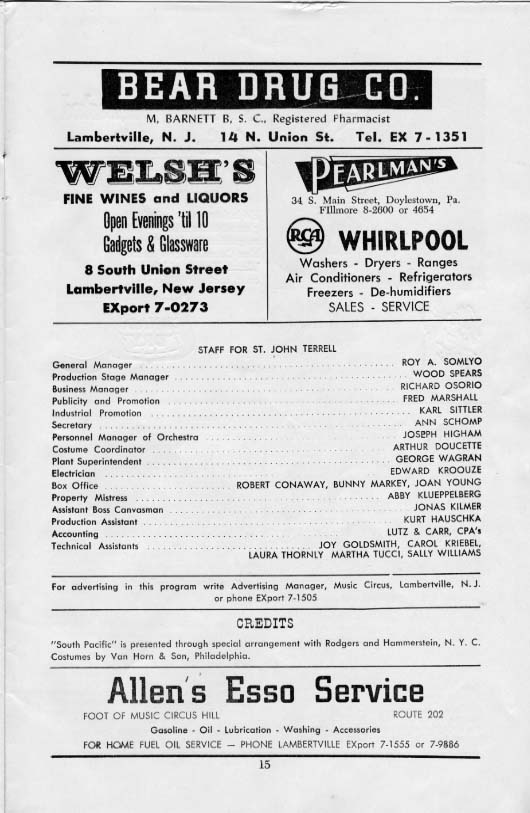 'South Pacific' 1957 playbill, page 15