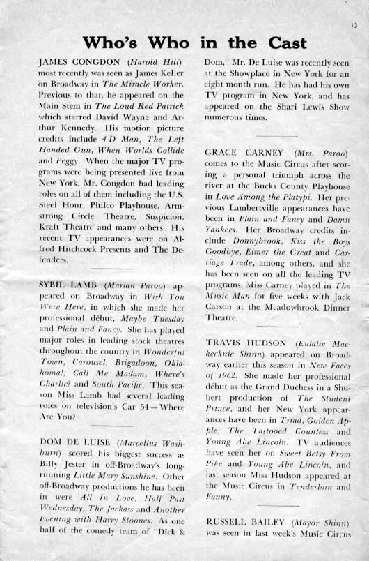 'The Music Man' 1962 playbill, page 13
