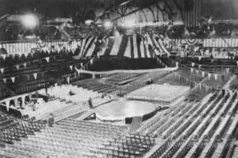 The Music Circus stage and lighting ring are set up at the Philadelphia Civic Center