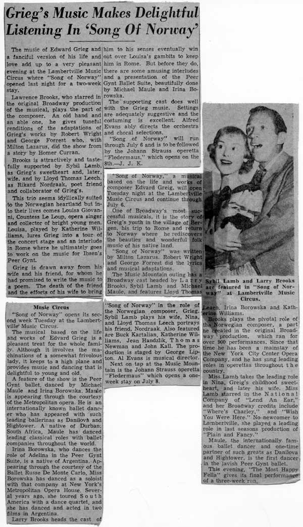 Press Clippings for 1958 Production of 'Song of Norway'