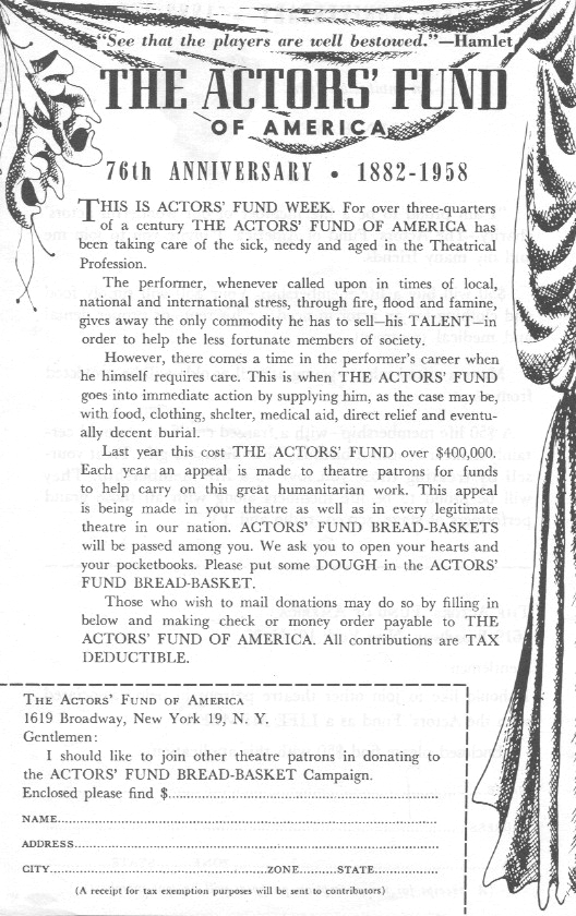 1958 Actors' Fund of America appeal flyer - front