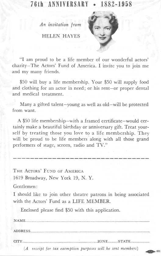 1958 Actors' Fund of America appeal flyer - back