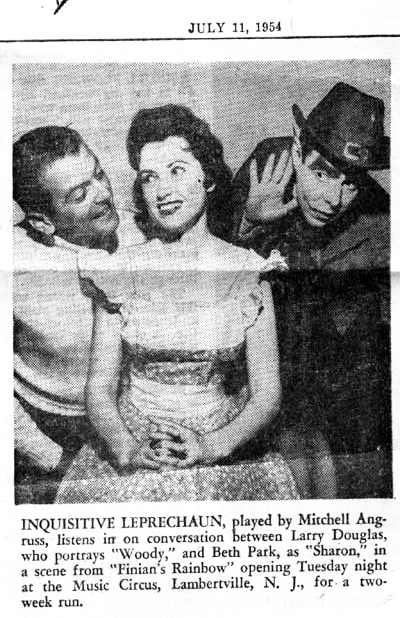 Philadelphia Bulletin clipping photo of 'Fininan's Rainbow' stars, Larry Douglas, Beth Park, and Mitchell Agruss