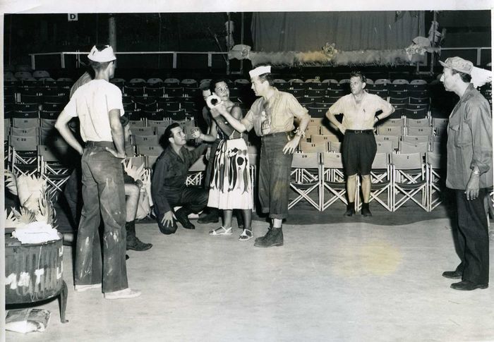 The cast rehearsing for 'South Pacific' with Director, Bertram Yarborough