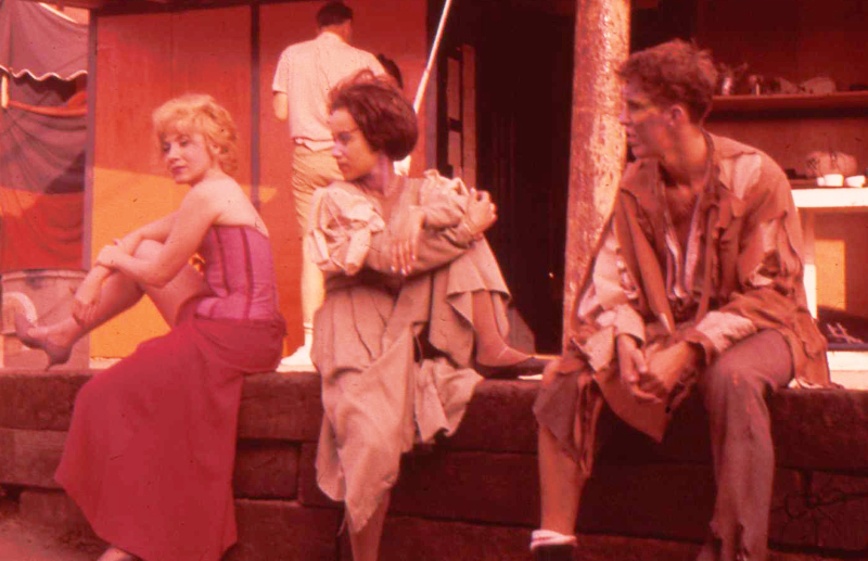 Gail Johnston (Polly Peachum), Carol Estey (Dancer), and Denny Shearer (Dancer) take a break backstage during dress rehearsal.