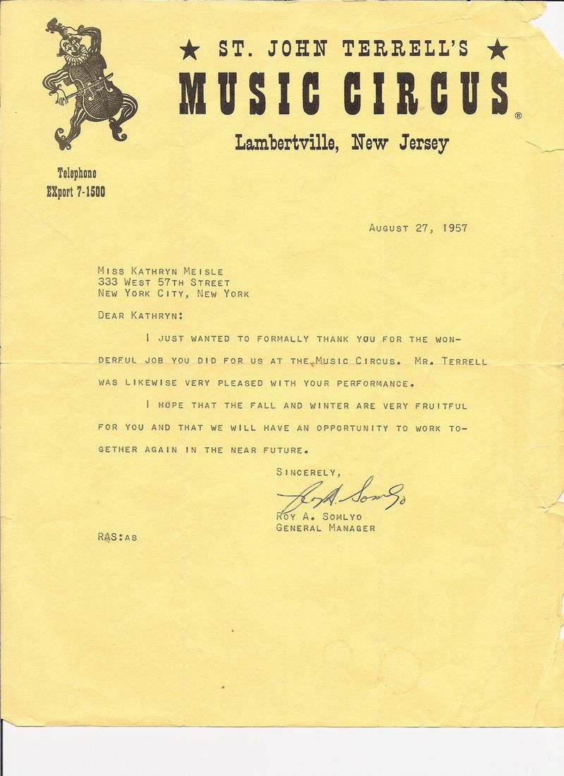 A letter from Music Circus General Manager, Roy A. Somlyo, to Kathryn Meisle.