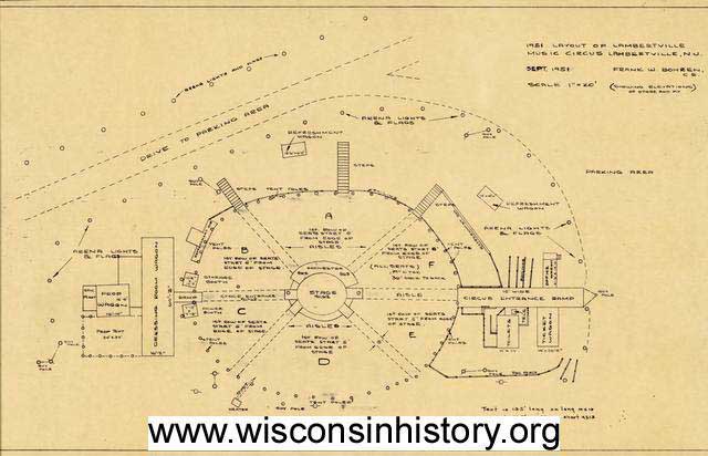 The layout plan for the Lambertville Music Circus with elevations of stage and pit.