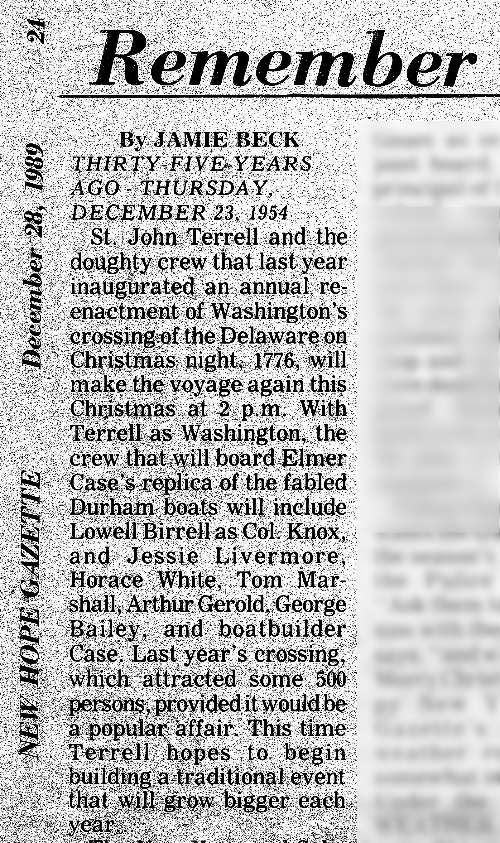 New Hope Gazette Article noting the second crossing ceremony by St. John Terrell